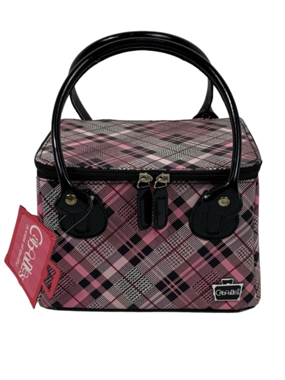 Caboodles Tapered Pink Black Plaid w/Black Patent Handles Cosmetics Tote Glam